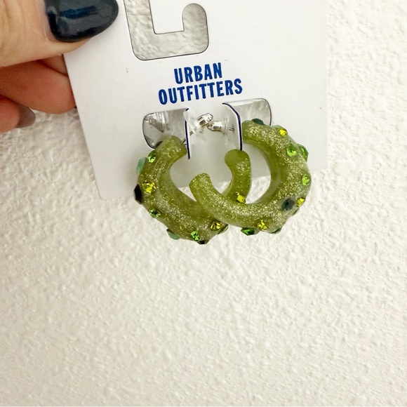 NWT Urban Outfitters Green Rhinestone Half Hoops - Picture 3 of 3